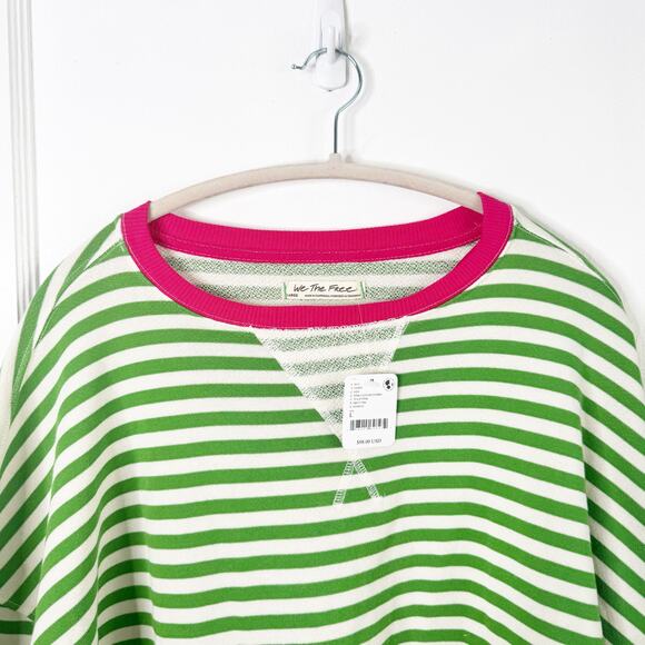 Free People Classic Oversized Striped Crewneck Sweatshirt Pink Clover Combo New - Picture 3 of 13